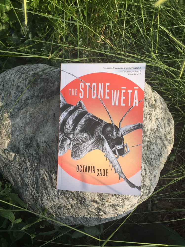 A copy of the book The Stone Wētā by Octavia Cade sits on a grey granite stone amidst long green grass. The book cover has a red and yellow circle on it, with a black and white insect in the center.