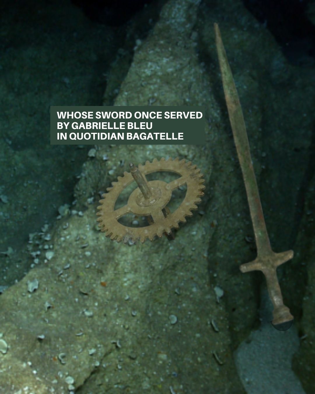 A bronze sword and gear resting on a rock underwater.
